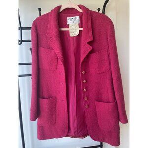 Chanel Vintage Boucle Wool Pink Coat With Gold Button Accents & Pockets